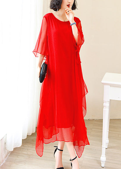 Red O-neck Ice Silk Long Dress Flare Sleeve Op1009