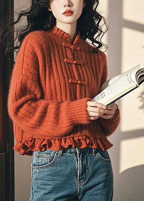 Red Ruffled Chinese Button Knit Short Sweater Spring