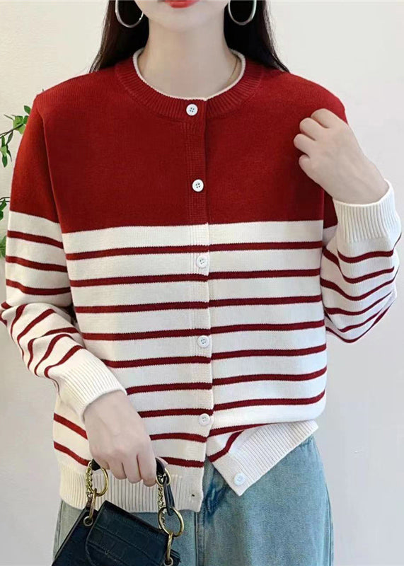 Red Striped Button Knit Cardigan Fall Qg005