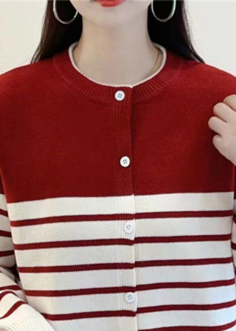 Red Striped Button Knit Cardigan Fall Qg005