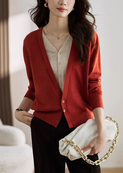 Red V Neck Patchwork False Two Pieces Knit Coat Spring Tz030