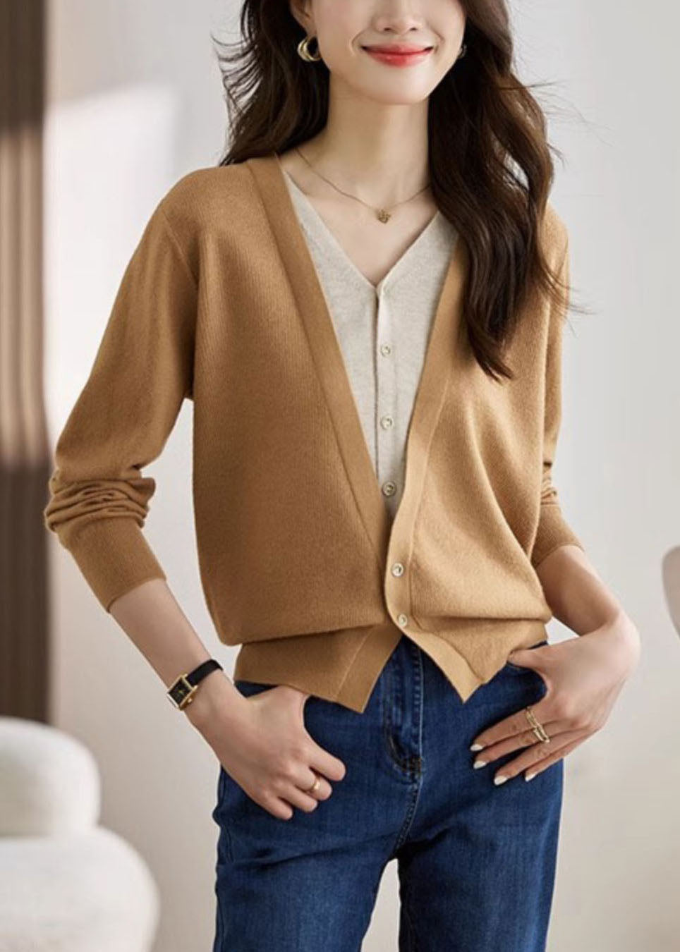 Red V Neck Patchwork False Two Pieces Knit Coat Spring Tz030