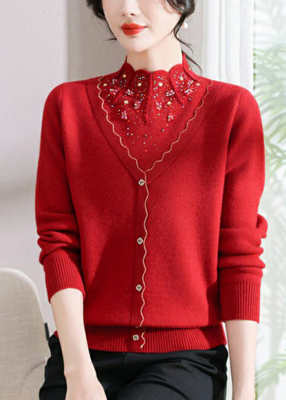 Red Zircon False Two Pieces Woolen Short Sweater Spring Tq003