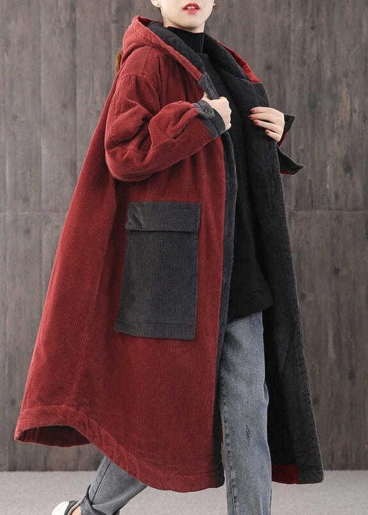 Red Hooded Pockets Button Winter Coat Long Sleeve Qs046