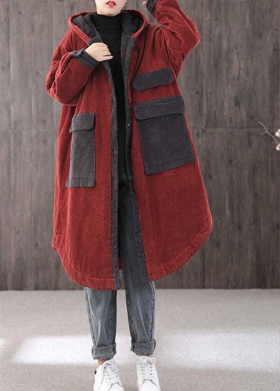Red Hooded Pockets Button Winter Coat Long Sleeve Qs046