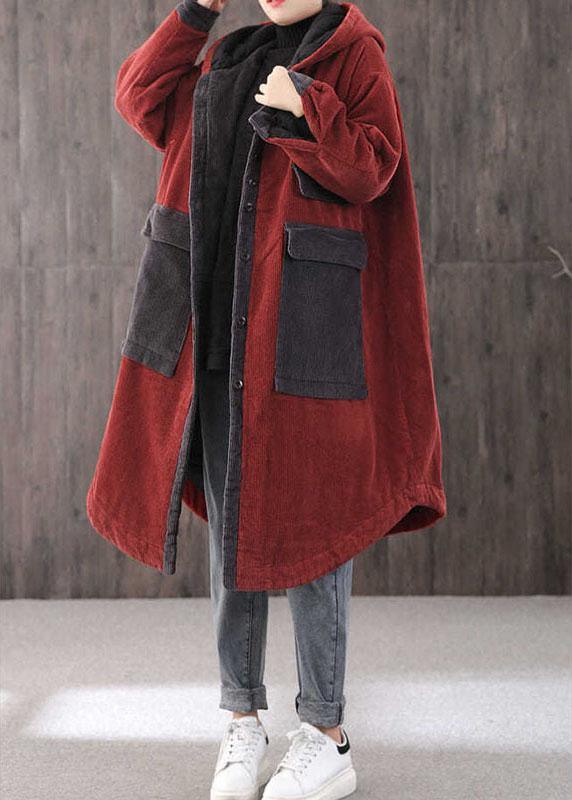 Red Hooded Pockets Button Winter Coat Long Sleeve Qs046