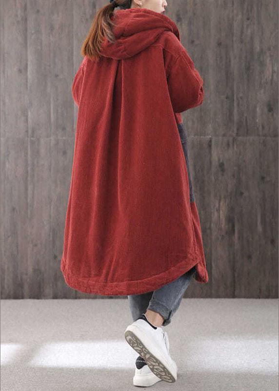 Red Hooded Pockets Button Winter Coat Long Sleeve Qs046