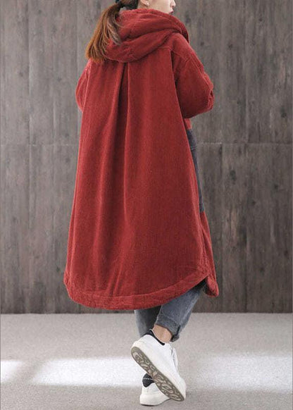 Red Hooded Pockets Button Winter Coat Long Sleeve Qs046