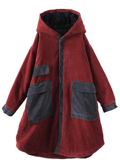 Red Hooded Pockets Button Winter Coat Long Sleeve Qs046