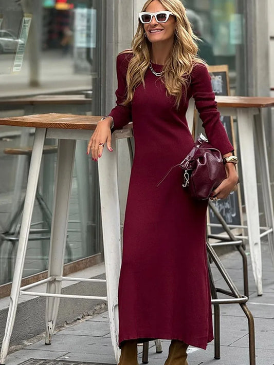 Round Neck Slim ’s Knit Maxi Dress Red Full Sleeve High Waist Long Vestidos Lady High Street Robe