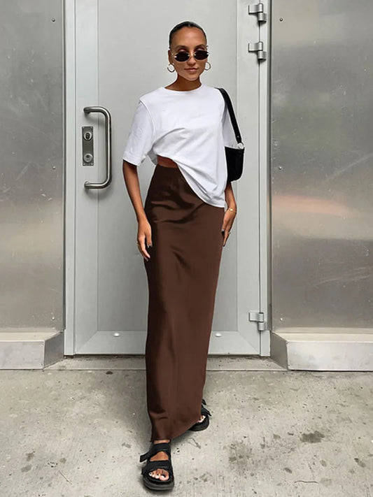 Satin Slim High Waist Office Long Trumpet Skirt