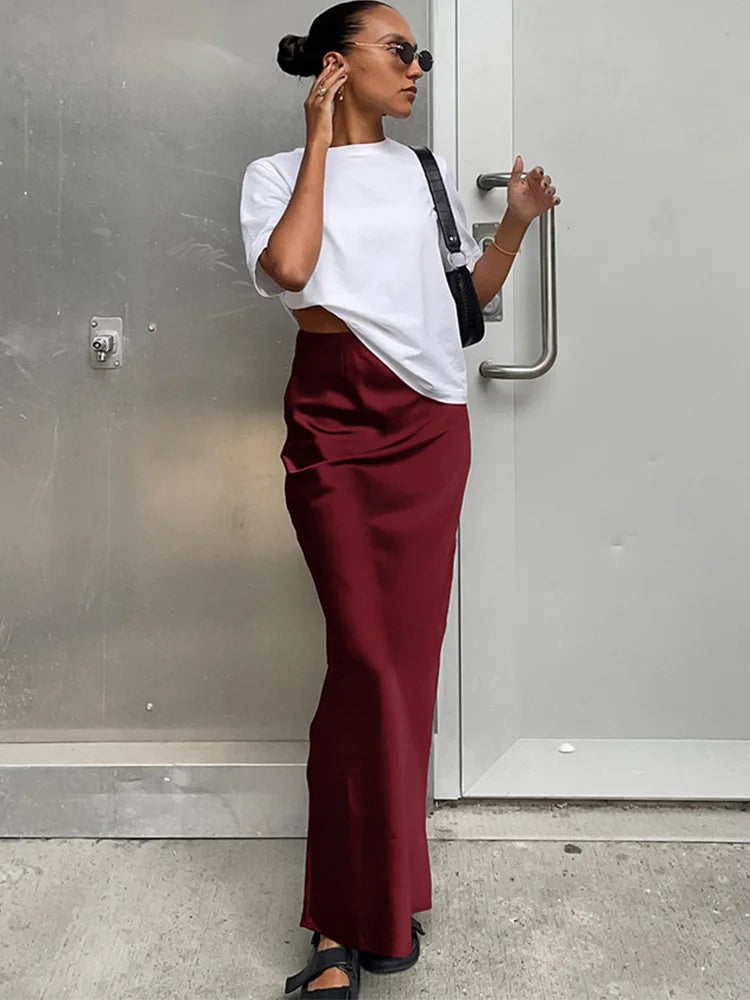 Dressbetty - Satin Black Trumpet Skirts Slim High Waist Office Long Skirt