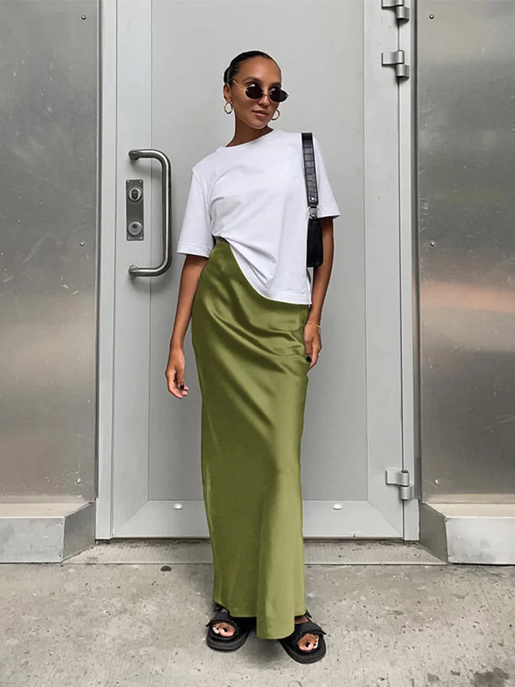 Satin Slim High Waist Office Long Trumpet Skirt