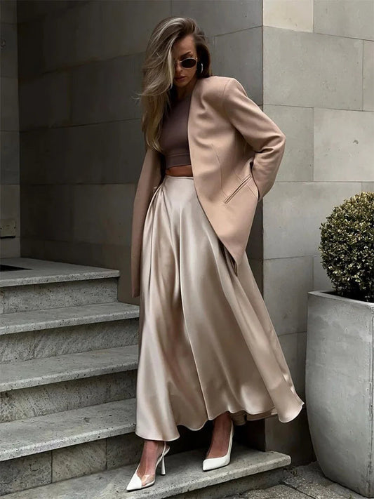 Dressbetty - Satin Loose High Waist Maxi Black Skirt