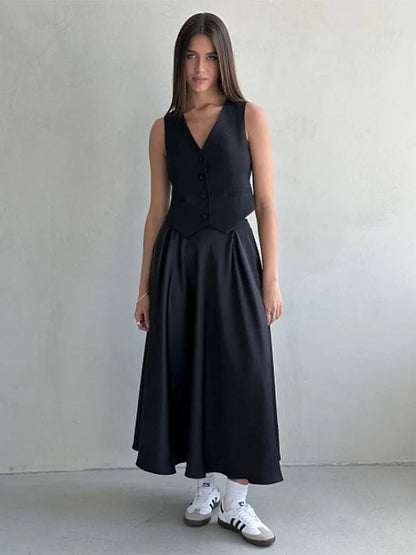 Satin Loose High Waist Classic Maxi Skirt