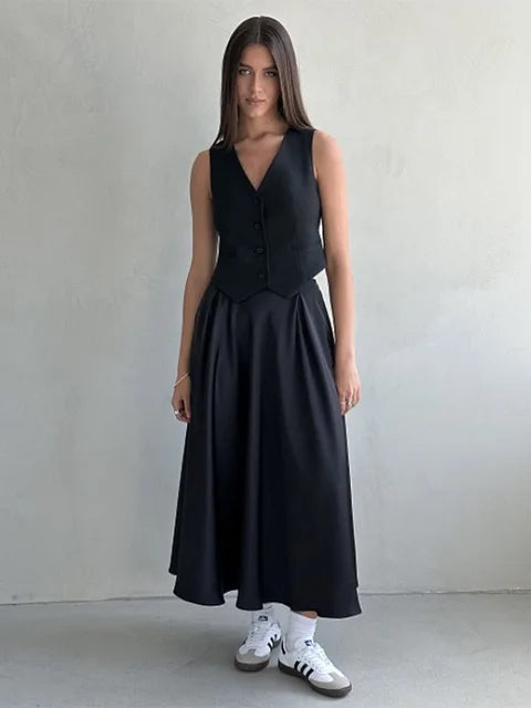 Satin Loose Skirt High Waist Maxi Skirts Classic Long Skirt Female Black Skirt
