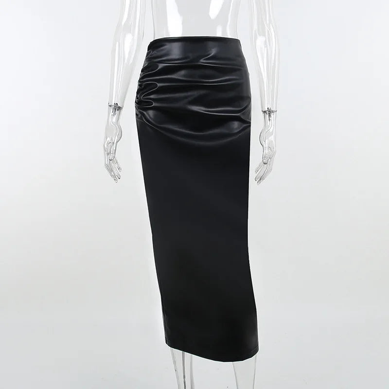 Office Lady Ruched Pu Leather Slim High Waist Skirt