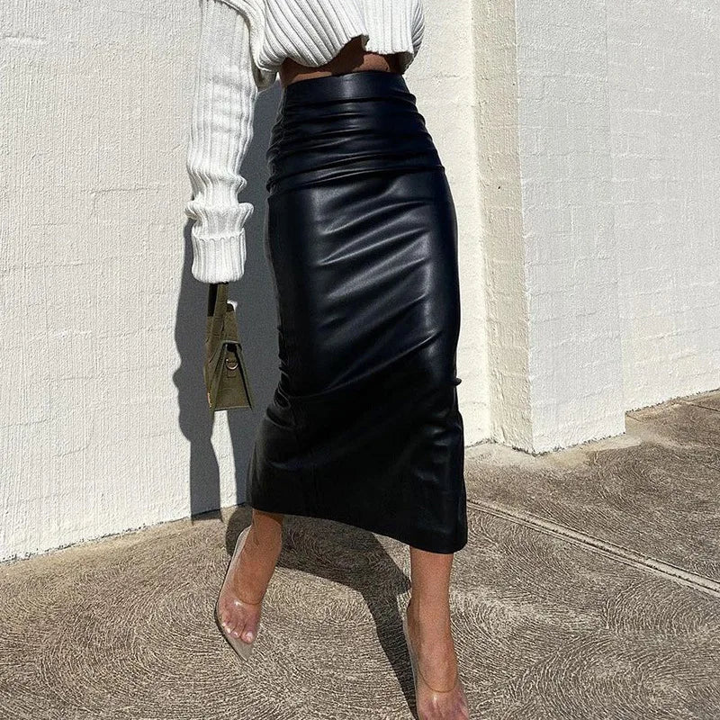 Office Lady Ruched Pu Leather Slim High Waist Skirt