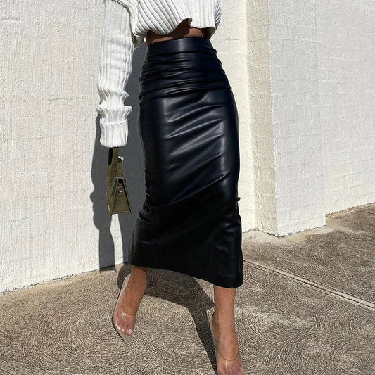 Office Lady Ruched Pu Leather Slim High Waist Skirt
