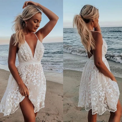 Color Leace Mesh Spaghetti Strap Dresses V-neck Backless Mini Dress Female Beach Vacation Vestidos New