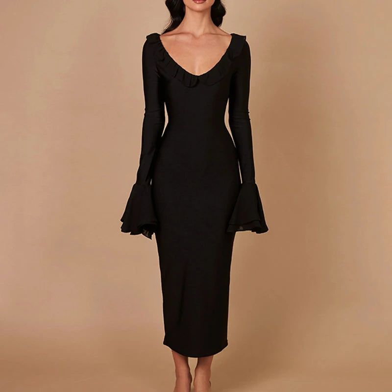 Color O Neck Flare Sleeve Lace-up Ruffles Maxi Dress