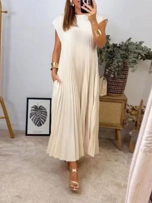 Color Pleated Dresses Temperament O Neck Folds Sleeveless Loose Long Dress Spring Summer New Vestido