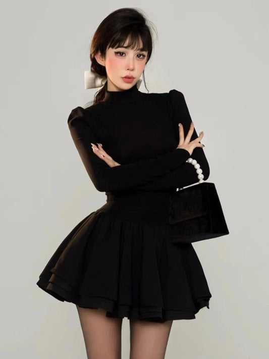 Knitted Dress Long Sleeve Half High Collar A-line Mini Dresses Autumn Winter Birthday Party Vestidos Trend
