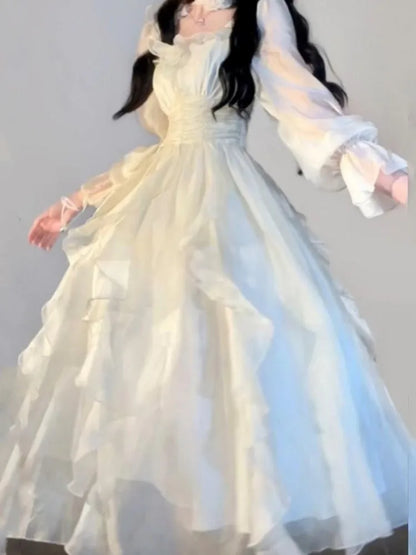 Ruffles Fairy Dresses Korean Slim Wasit a Line Midi Dress Spring Summer Princess Party Vestidos