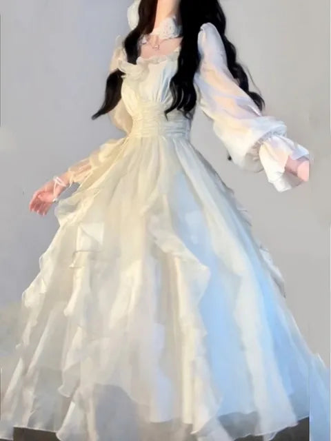 Ruffles Fairy Dresses Korean Slim Wasit a Line Midi Dress Spring Summer Princess Party Vestidos