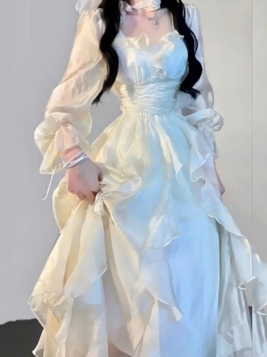 Ruffles Fairy Dresses Korean Slim Wasit a Line Midi Dress Spring Summer Princess Party Vestidos