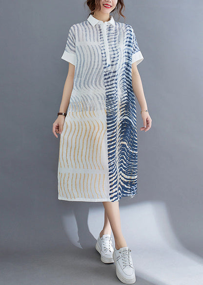 Striped Button Cotton Long Dress Short Sleeve Ac2011