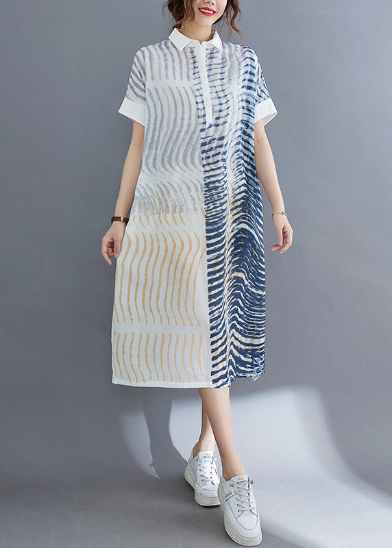 Striped Button Cotton Long Dress Short Sleeve Ac2011