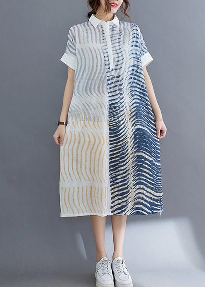 Striped Button Cotton Long Dress Short Sleeve Ac2011