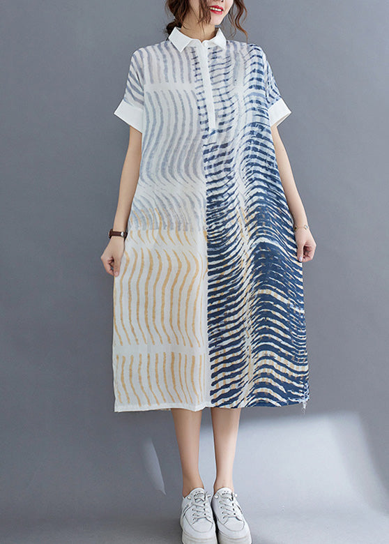 Striped Button Cotton Long Dress Short Sleeve Ac2011