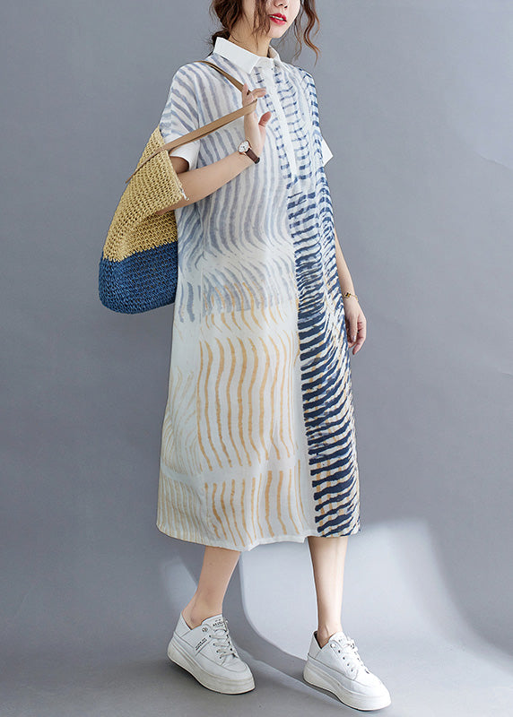 Striped Button Cotton Long Dress Short Sleeve Ac2011