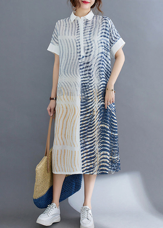 Striped Button Cotton Long Dress Short Sleeve Ac2011