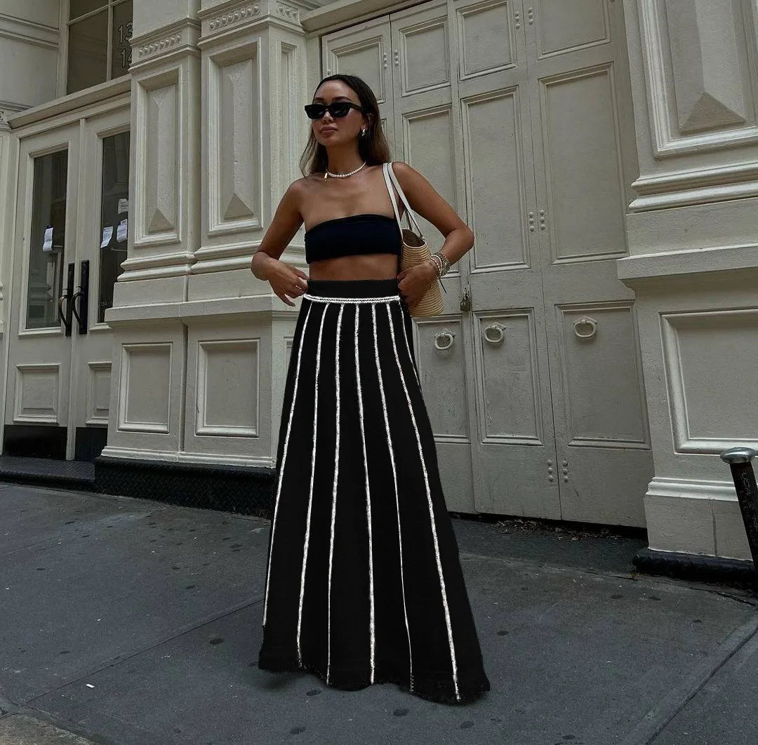 Dressbetty - Striped Tassel Knitted Elastic High Waist Skirt