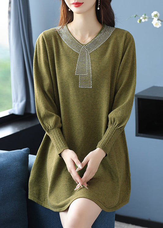 Tea Green V Neck Zircon Woolen Sweater Dress Winter Rl017