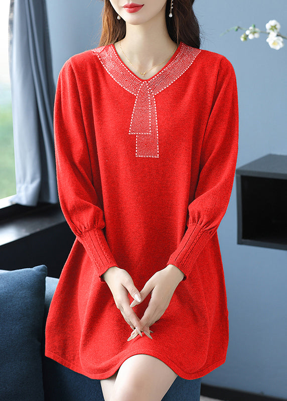 Tea Green V Neck Zircon Woolen Sweater Dress Winter Rl017