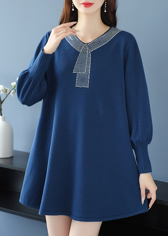 Tea Green V Neck Zircon Woolen Sweater Dress Winter Rl017