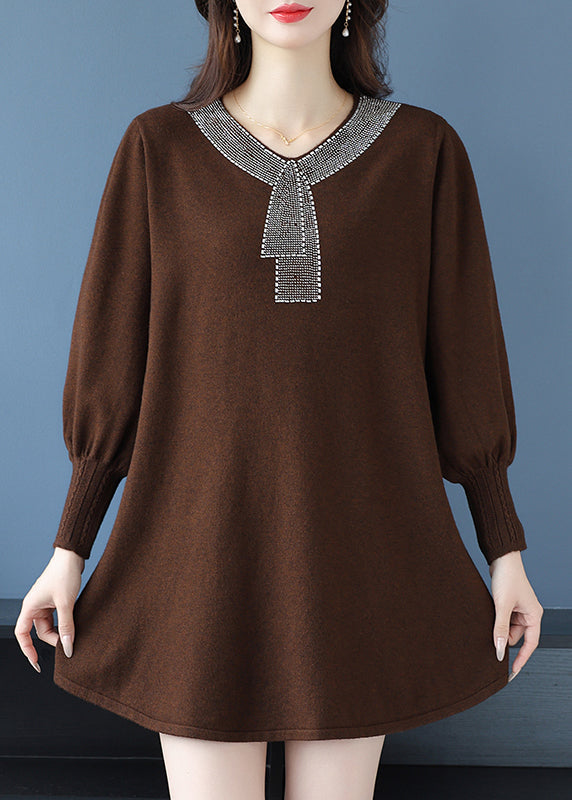 Tea Green V Neck Zircon Woolen Sweater Dress Winter Rl017