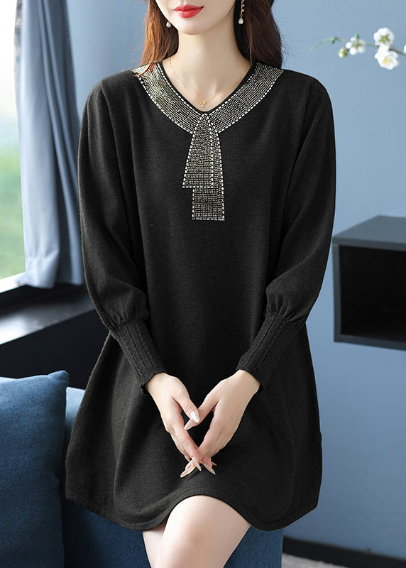 Tea Green V Neck Zircon Woolen Sweater Dress Winter Rl017