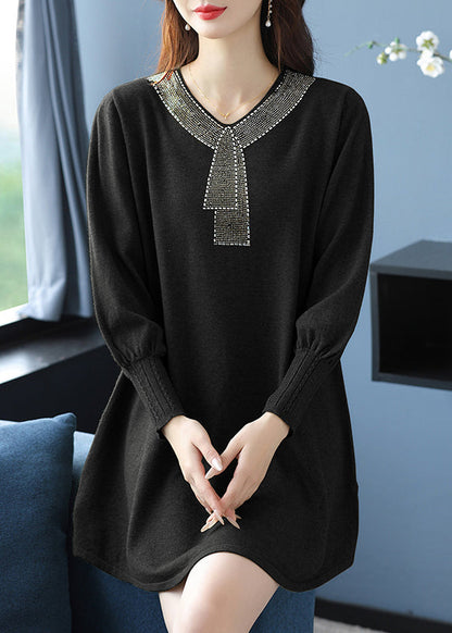 Tea Green V Neck Zircon Woolen Sweater Dress Winter Rl017