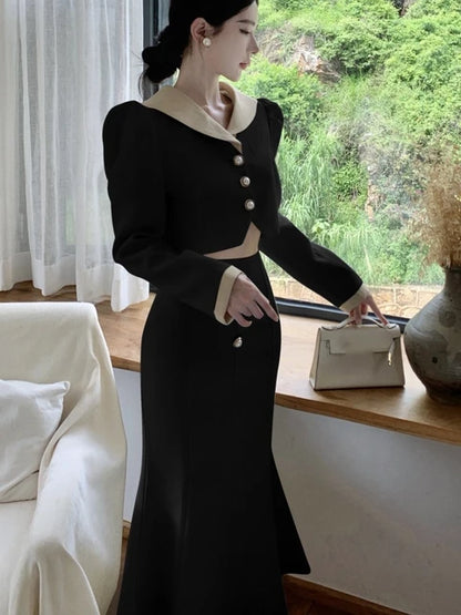Two Piece Set Long Sleeves Short Coat + High Waist Mermaid Skirt Autumn Winter Korean Style Patchwork Outfit
