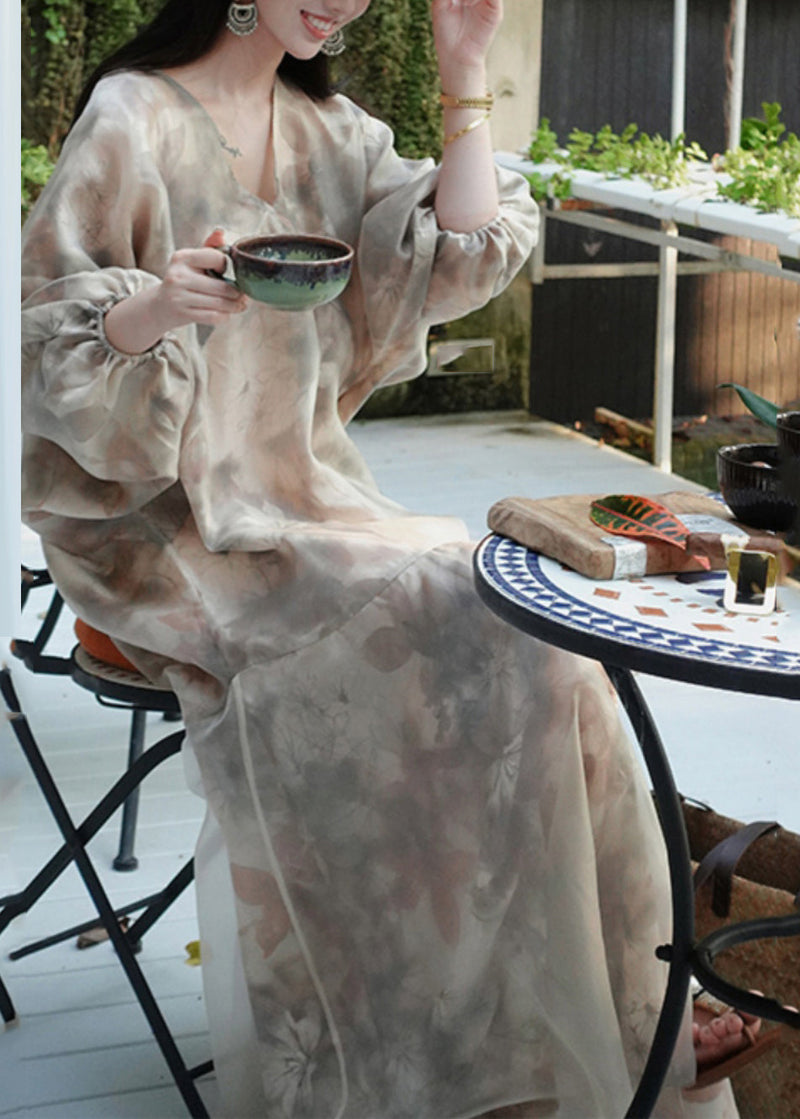 V Neck Print Patchwork Party Long Dress Spring Uu1046
