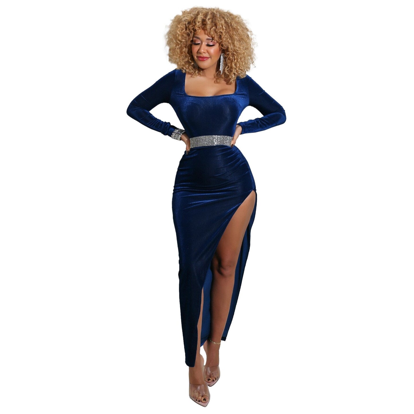 Velvet High Waist Slit Maxi Dress Long Sleeve Evening Party Dress