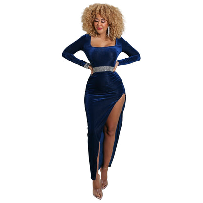 Velvet High Waist Slit Maxi Dress Long Sleeve Evening Party Dress