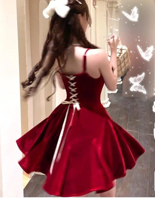 Velvet Mini Dress Princess A-line Birthday Party Vestidos Patchwork Slim Y2k Lace Up Autumn Spring Dresses
