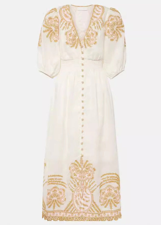 White Embroidered Button Cotton Long Dresses Summer Au1028