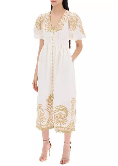 White Embroidered Button Cotton Long Dresses Summer Au1028